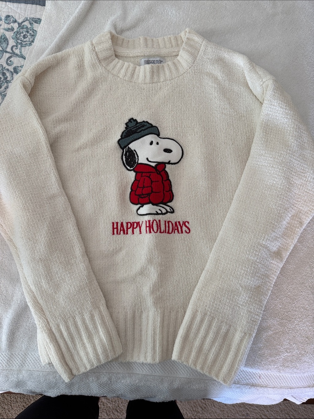 Peanuts Cream Crewneck Sweater with Snoopy Patch